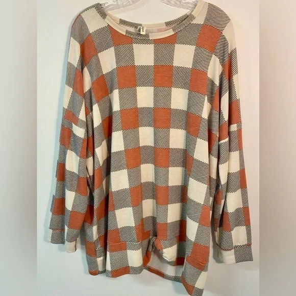 Oversized Boutique Plaid Women’s Pullover Long Sleeve Shirt Orange Gray Plus 1XL - Picture 2 of 7